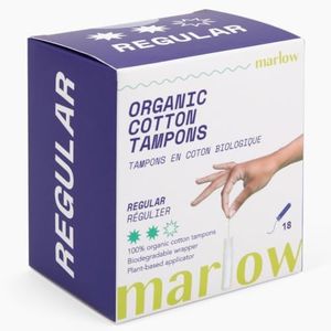 Marlow 100% Organic Cotton Easy Glide Tampons with Compact Plant Based BPA Free Applicator, Chlorine Free, Toxin Free, Hypoallergenic, Dermatologically Tested, Fragrance Free, Regular, 18 Count