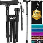 Vive Folding Cane - Lightweight Foldable Walking Stick for Men & Women - Adjustable & Durable for Portable Travel- Collapsible Balancing Mobility Aid - Sleek Ergonomic & Comfortable Handles (Black)