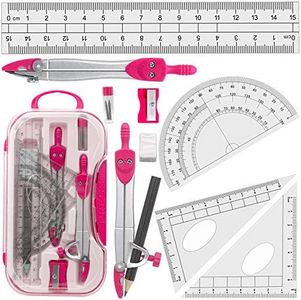 Geometry Set Maths Compasses for Students with Compasses Protractor in Carry Case, Pink