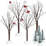 Geosar Christmas Village Accessories Village Bare Branch Mini Sisal Snow Frost Trees Red bird Cardinal Tree Chritmas Home Table Top Decoration,Set 8