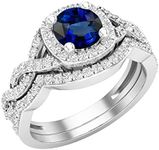 Dazzlingrock Collection 5.8 mm Round Lab Created Blue Sapphire & Natural White Diamond Women Twisted Style Halo Wedding Ring Set, Sterling Silver, Size 7