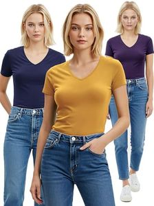 Emmalise Women's Plain Short Sleeve V Neck T Shirt(3P-Mstd/Prpl/Nvy-2X)
