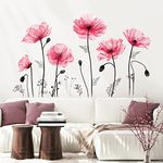 decalmile Large Poppy Flower Wall Decals Pink Floral Blossom Wall Stickers Bedroom Living Room TV Background Home Decor