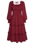 Women Victorian Layered Dress Rockabilly Bell Sleeves Smocked Maxi Dress Wine S