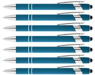 Rainbow Rubberized Soft Touch Ballpoint Pen with Stylus Tip is a stylish, premium metal pen, black ink, medium point. Box of 7 (LIGHT BLUE)