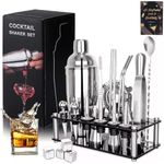 TaoQfunny Cocktail Shakers Set, 25pcs Stainless Steel Bartender Kit with Acrylic Stand & Cocktail Recipes Booklet, Professional Bar Tools for Drink Mixing, Home, Bar, Party(Include 4 Whiskey Stones)