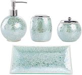 Whole HOUSEWARES Bathroom Accessory Set - 4-Piece Decorative Glass Bathroom Accessories Set with Mosaic Glass Finish - Bath Room Set Includes Soap Dispenser, Tray, Jar, Toothbrush Holder - Turquoise