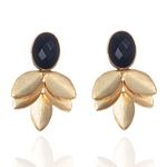 Zavana Large Gold Statement Earrings for Women with Black Onyx, Black Earrings for Women in a Leaf Pattern, Handmade Earrings in Gold, Costume Jewellery for Women with Natural Stones