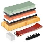 Whetstone Knife Sharpening Stone kit, Whetstone Sharpener Includes 4 Side 400/1000/3000/8000 Grit with Non-Slip Bamboo Base Flattening Stone and Angle Guide for Chef, Kitchen and Hunting Knife