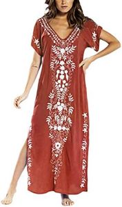 Bsubseach Traje de baño de Manga Corta con Cuello en V para Mujer Traje de baño Side Split Beach Kaftan Caftan Dress Rust Red