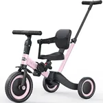newyoo 5 in 1 Tricycles for 1-3 Year Olds, Toddler Bike, Gift & Toys for Boy & Girl, Baby Balance Bike, Toddler Tricycle with Parent Steering Push Handle, Backrest & Safety Belt, Pedals, Pink