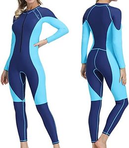 OMGear Swimsuit Women Long Sleeve Dive Skin Full Bodysuit Spandex Swimwear UV Protection Rashguard Thin Wetsuit for Swimming Kayaking Surfing Snorkeling Diving Rafting(Aqua＆Navy Blue,M)