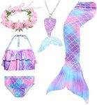 Bxysxly 5Pcs Kids Swimsuit Mermaid Tails for Swimming for Girls Bikini Costume Sets with Flower Headband (No Monofin), Dh01-p, 7-8 Years