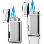 Futlidys 2 Pack Mini Torch Lighter Butane Refillable, Double Flame Butane Lighter with Visible Window, Adjustable Jet Lighter, Great Gifts for Men and Women, Without Gas (Silver)