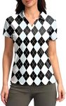 SANTINY Women's Golf Shirt Short Sleeve Quick Dry V-Neck Tennis Tops UPF50+ Collared Golf Polo Shirts for Women, Black Argyle, Large