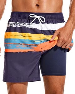 SILKWORLD Swim Trunks Men with Compression Liner Quick Dry Board Shorts with Zipper Pocket, Navy Orange Stripe, Small