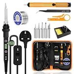 Soldering Iron Kit 80W LCD Adjustable Temperature 180-520°C Electric Welding Tool ON/Off Switch, 50g Solder Wire, 5 Soldering Tips, Desoldering Pump, Wire Stripper Cutter, Stand, Tweezers,Tool Case