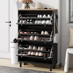 GarveeHome Modern Shoe Cabinet with 3 Flip Drawers - Adjustable Shelves, 3 Hooks, Stable Design, Multiple Storage Capacity, Minimalist Style, Black