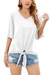 SUEANI Women's Summer V Neck Tops 3/4 Sleeve Tie Knot Blouses Shirts(X-Large, White)