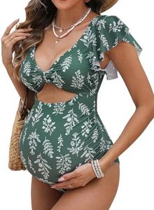 CUPSHE Maternity One Piece Swimsuit V Neck Pregnancy Bathing Suit for Women Ruffle Front Cutout Back Hook, S