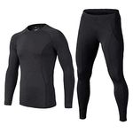 BUYKUD Men's Long Sleeve Base Layer Compression Athletic Underwear Shirt Tights Top & Bottom Set, XL, Black