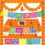 94Pcs Day of The Dead Decorations Set,18 Mexican Party Banners Papel Picado, 2 Artificial Marigold Garland, 50 Marigold Flowers with Stem, 24 Butterfly for Dia De Los Muertos Indian Diwali Altar Decor