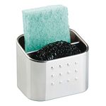 iDesign 66072 Sink Caddy with Double-Compartment, Small Sponge Holder Made of Stainless Steel, Modern Soap Dish for Bathroom or Kitchen, Matte Silver