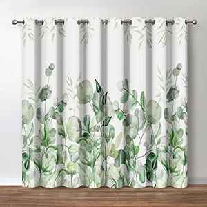 Jekeno Watercolor Leaves Blackout Window Curtains - Flower Floral Botanical Eucalyptus Leaf Print Curtain Decor for Bedroom Living Room Darkening Grommet Window Drapes 2 Panel Set, 52" X 84"