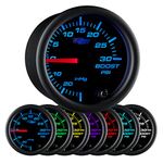 GlowShift Black 7 Color 30 PSI Turbo Boost/Vacuum Gauge Kit - includes Mechanical Hose & T-Fitting - Black Dial - Clear Lens - for Car & Truck - 2-1/16" 52mm