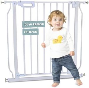 DEVA Baby Gate, Fit 75-87 CM Wide, Baby Safety Gate for Stairs/Doorways/House, Auto Close Walk Through Small Tension Indoor Safety Gates, Metal Narrow Dog Gate for Stairs