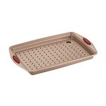 Rachael Ray 2 Piece Cucina Nonstick Bakeware Crisper Pan Set, Latte Brown with Cranberry Red Handle Grips