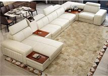 Woodsfreak Luxury 7 Seater U Shaped Sofa Set | Genuine Leather 3+2+2 Sectional Couch with Lounger | Without Centre Table for Your Living Room/Office/Dining Room/Hall (Color Beige) Pack of 1