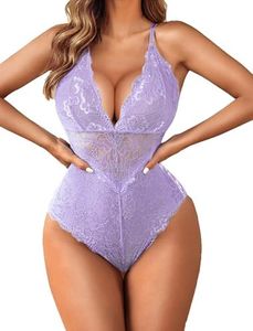 Avidlove Lace Bodysuits for Women Snap Crotch Teddy Lingerie V neck One Piece Babydoll Body Suit Lilac XL