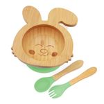 KIDS STATION™ Bamboo Rabbit Suction Bowl with Feeding Spoon and Fork | Super Strong Suction Cup | Ideal for Baby-Led Weaning & Toddler Self-Feeding | Natural Bamboo | BPA Free (Green)