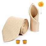 Axlon Mens Plaid Dotted Silk Necktie Gift Set With Pocket Square Cufflinks & Brooch Pin Tie For Men Formal With Leatherite Box (Beige D1BGRX Free Size)