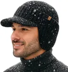 TOP-EX DryKnit™ Merino Wool Waterproof Hat with Brim and Ear Flaps Fleece Lined Beanie with Bill for Men Cold Weather Ski Outdoor Hunting for Big Head Black XL/XXL