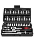 AwmnSrman 46 Pcs Small 1/4 Socket Set - 1/4 Ratchet Set Chrome Plated Tool Box Ratchet and Socket Set Suitable for Working on Bicycles and Cars 1/4 Ratchet