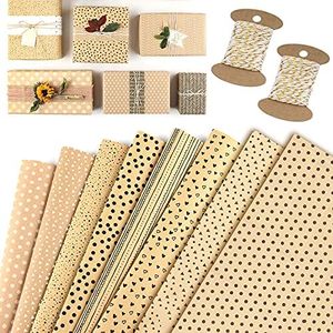 GmeDhc Carta Regalo Kraft, 8 Pezzi Carta Regalo Compleanno, 50 x 70cm Carta Imballaggio Kraft, Carta Regalo con 2 Corda di Cotone, Carta Regalo Per Compleanni Natale Matrimoni