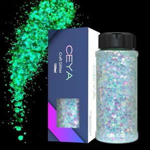 Ceya Glow in The Dark Glitter, 2.8oz/ 80g Sky Blue Luminous Chunky Glitter Mix Fine Powder Flakes Fluorescent Nail Sequins for Epoxy Resin, Tumblers, Halloween Party, Festival Decor