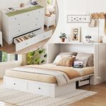 LIVAUVEAD Queen Murphy Bed with Storage & Charging Station, Murphy Cabinet with Foldable Panel, Noisy Free, for Guest Bedroom, Living Room, Office, Distressed White