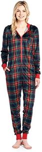 Ashford & Brooks Women's Fleece Hooded One Piece Pajama - Black Stewart Plaid - X-Large
