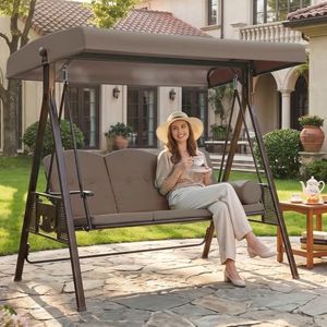 PURPLE LEAF 3-Seat Deluxe Outdoor Patio Porch Swing with Weather Resistant Steel Frame, Adjustable Tilt Canopy, Cushions and Pillow Included, Beige