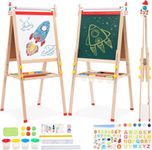 Kids Easel with Paper Roll Double-Sided Whiteboard & Chalkboard Height Adjustable Standing Easel Wooden Art Easel with Folding Storage Tray Numbers and Other Accessories Gift for Toddlers Boys Girls