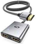 HDMI Splitter 1 in 2 Out 4K, WARRKY 1x2 HDMI Adapter (3.3FT Fixed Braided Cable, Aluminum Case, LED Lights) for Dual Screens, Duplicate/Mirror Only, 1 Source to 2 Identical Displays, USB-C Powered
