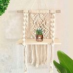 Urooz Macram Wooden Wall Hanging Shelf |987| Modern Chic Woven Macrame Tapestries, Wall Art Home Decor for Apartment, Dorm, Bedroom, Living Room, Nursery, Party Decorations, 15" Wx 16" H