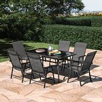 The Fellie Garden Furniture Set Outdoor Dining Table and Chairs 150cm Rectangle Patio Tempered Glass Table Top with Umbrella Hole Foldable Chairs 6 Seats（150cm Rectangle Table+6PC Chair）