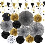 HONMOK 22Pcs Black and Gold Party Decoration, Black Gold Hanging Paper Fans Pom Poms Honeycomb Balls Polka Dot String Triangle Flags Garland for Class 0f 2024 Graduation Prom Birthday Party Supplies