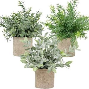 Artificial Potted Plants - Mini Fake Plants – Set of 3 Small Indoor Faux Houseplants for Shelf Tabletop Desk Decoration - Eucalyptus - Rosemary - Boxwood - Greenery in Pots - 9” Tall Plant in Pot