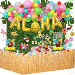 Hawaiian Aloha Luau Party Decorations, 151Pcs Tropical Summer Beach Birthday Supplies Grass Table Skirt Hanging Swirl Aloha Balloon Garland Honeycomb Centerpiece Hibiscus Palm Leaves CakeTopper