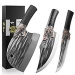 LONGQUAN 3PCS Butcher Knife Set - Serbian Chef Knife & Viking Knife & Boning Knife - Hand Forged Kitchen Knife Set - High Carbon Steel Meat Cutting Knife for Kitchen Outdoor - Gift Idea Men